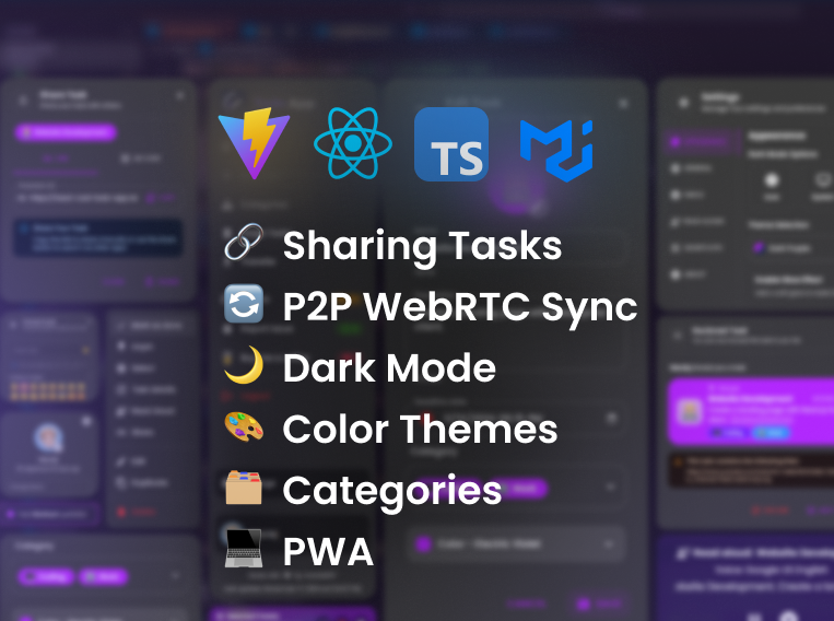 Todo App. UI and features including Dark Mode, PWA, and WebRTC Sync
